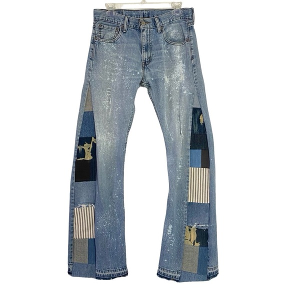 Levi’s Patchwork Jeans Waist 28 Womens Size 6 Small Flare Wide Leg Handmade Blue - Picture 1 of 15